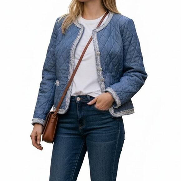 Talbots Jackets & Blazers - Talbots Quilted Chambray Jacket Size 12 Blue Tweed Trim Cropped
